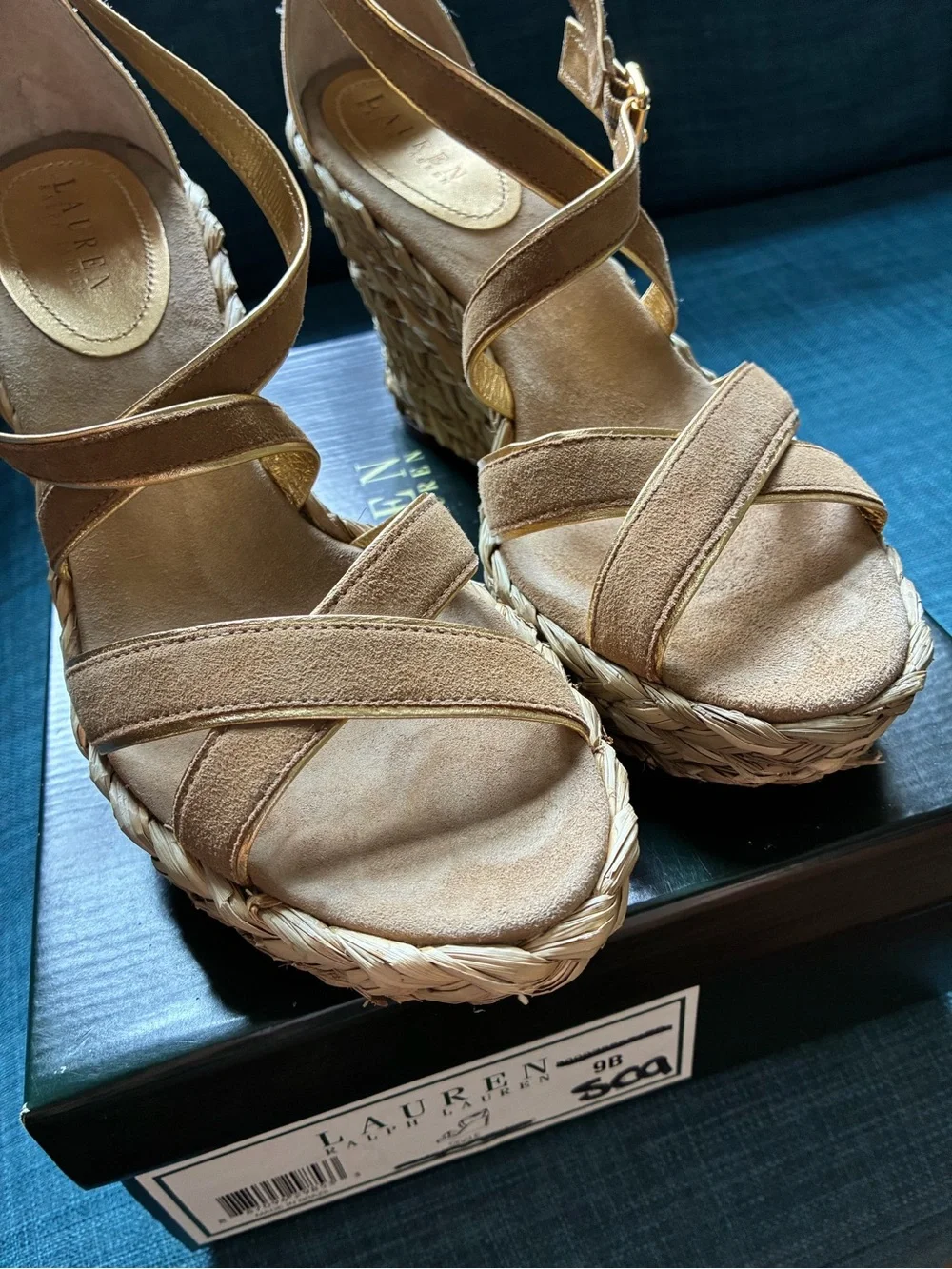 Ralph Lauren Tan Suede Espadrille Wedge Sandals